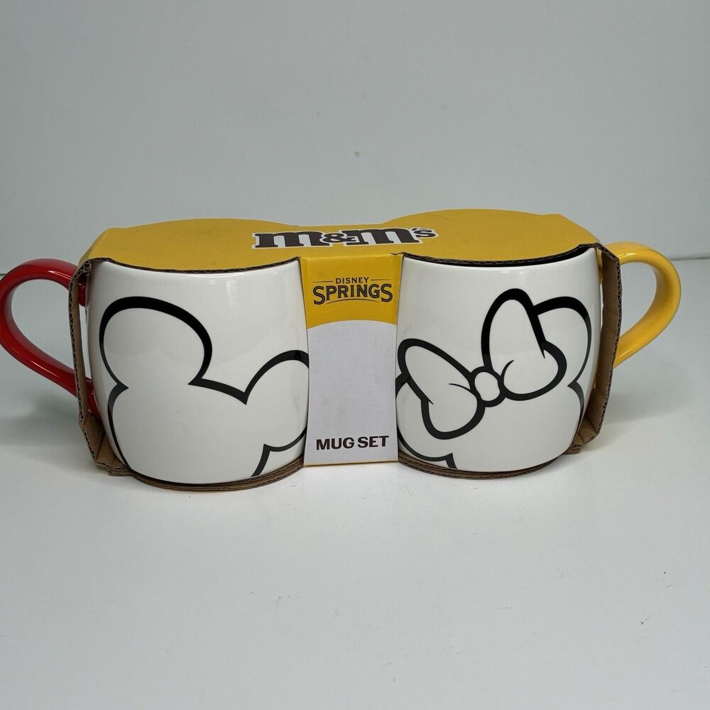 Disney Springs M&M's World Red Yellow Mickey Minnie Coffee Mug Set New with Box